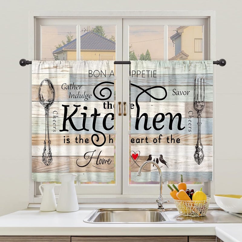 Riyidecor Teal Turquoise Kitchen Curtains and Valances 3 Piece Set Rod Pocket 36 Inch Short Rustic Wooden Board Country Fork and Spoon Retro Vintage Funny Quotes Bedroom Living Room Treatment Fabric - Image 3